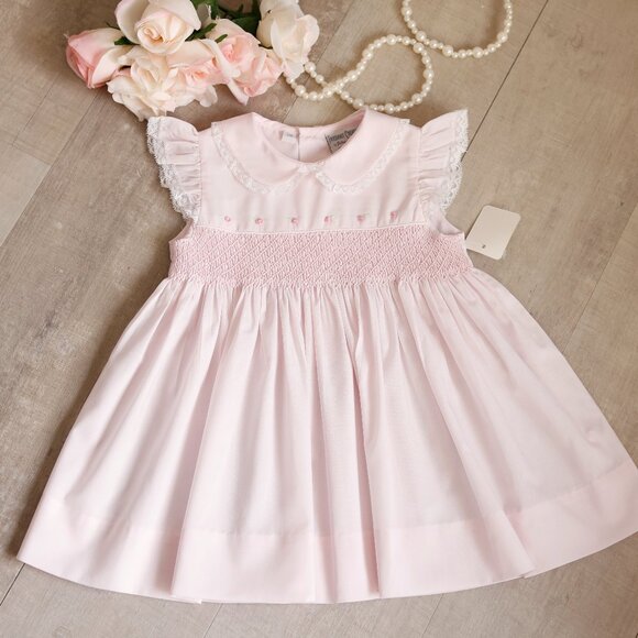 Pink Smocked Lace Dress Set Embroidery Vintage Feltman Brothers 3 Months - Picture 1 of 5